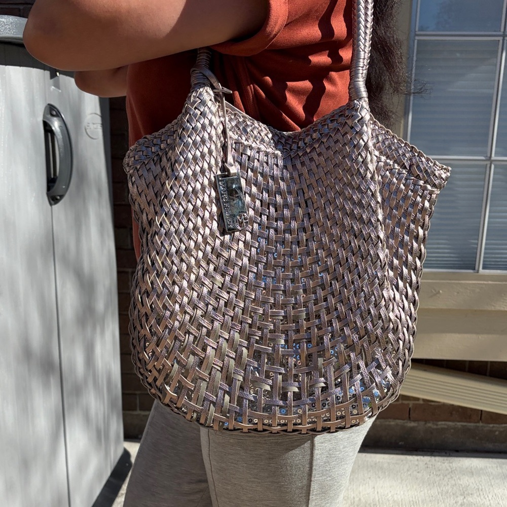 Marc Fisher Metallic Woven Shoulder Bag in Light Silver